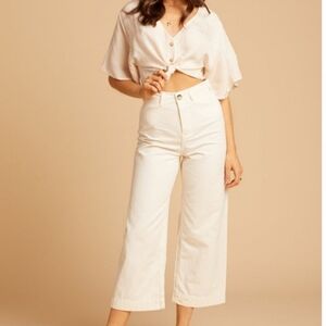 Free People Patti Pant Retro High Rise Wide Crop Legs Canvas Ivory Size 30 NWT